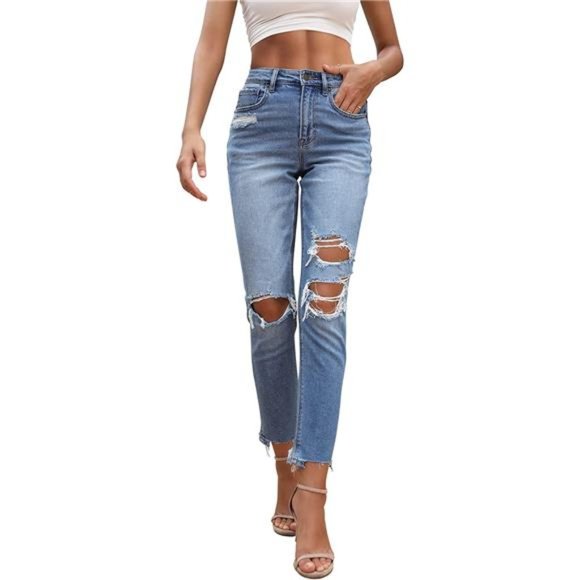 Denim - Women Stretch Ripped High Waisted Jeans Frayed Raw Hem Distressed Denim Pants